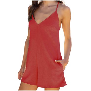 Penkiiy Jumpsuits for Women Women's Scoop Solid Neck Sleeveless Casual Short Jumpsuit Rompers With Pockets Red M Jumpsuits
