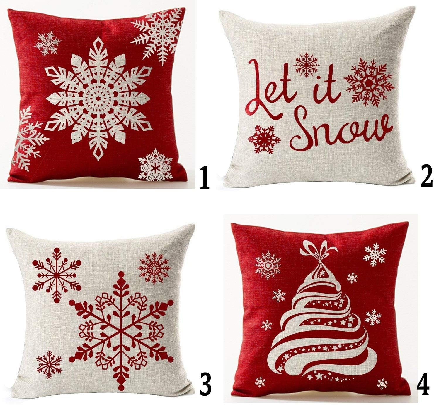 Ensemble de 4 Taies d'Oreiller Beige Happy Winter Shadow Let It Snow Snowflakes en Rouge Merry en Polyester et Lin Housse de Coussin Personnalisée Décorative Carrée 18 Pouces