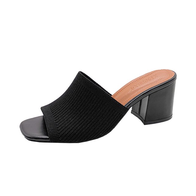 WLOELOEW Women'S Square Toe Sandals In Black Block Heel Casual Mesh Upper Foot Length 9.65 Inches Us Size 7