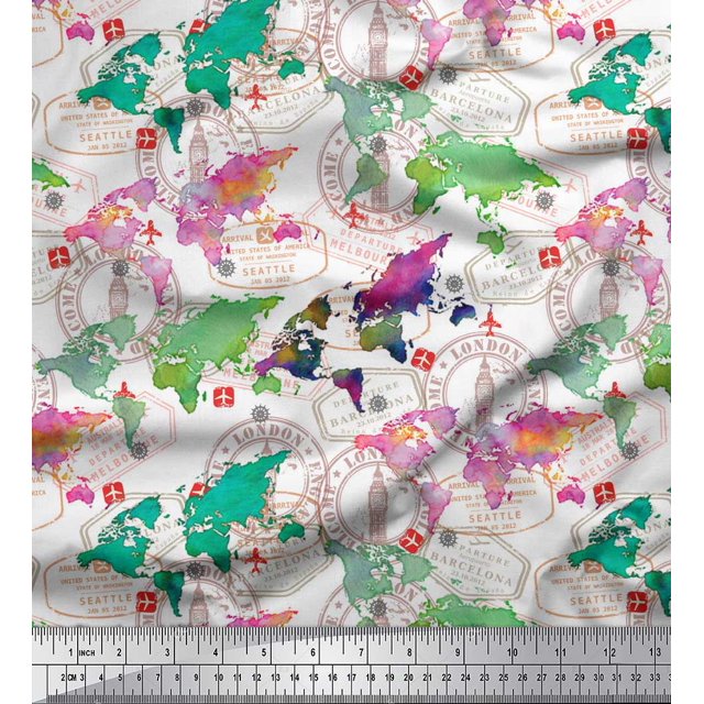 Soimoi White Heavy Canvas Fabric Stamp & World Map Fabric Prints By Yard 58 Inch Wide