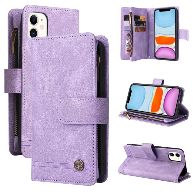 Case for iPhone 12 Cover Zipper Pocket Wallet Case Magnetic Protective in purple. This multifunctional case features a premium PU leather design with a zipper coin pocket, 9 card slots, and a side pocket for cash or additional cards. It includes a magnetic flip closure for secure storage and can be used as a stand for reading or video watching. The case provides full-frame protection with raised edges and a TPU lip to safeguard against drops and scratches.