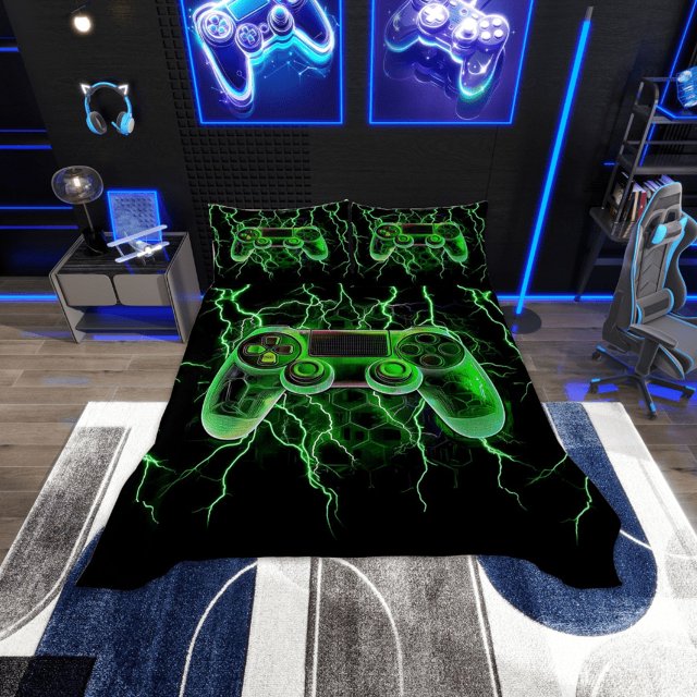 Erosebridal Teens Video Game Coverlet Set Queen, Gradient Green Lightning Bedding Set, Ultra Soft 3 Pieces