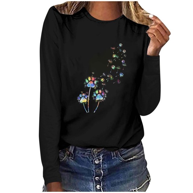 Pisexur Hauts pour Femmes Mode d'Automne T-Shirt à Imprimé Graphique Amusant Col Rond Manches Longues Chemises pour Femmes Chic Décontracté Hauts de Sortie Confort Polyvalent Blouses Légères