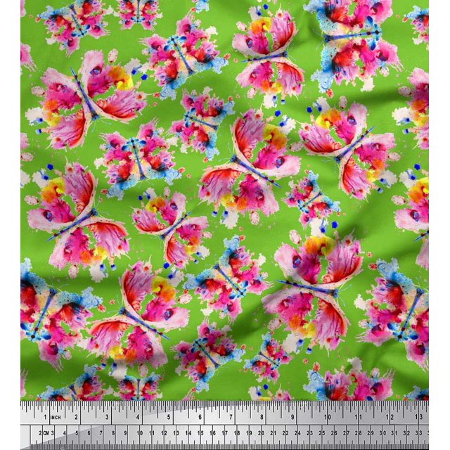 Soimoi Green Silk Fabric Insect Watercolor Print Fabric by Yard 42 Inch Wide