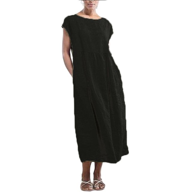 Innerwin Robes Col Rond Robe pour Femme Plage Couleur Unie Ample Robe d'Été Noire P