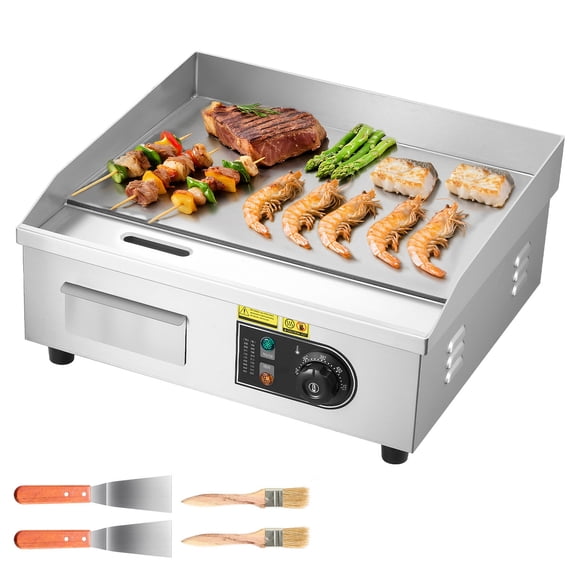 KFFKFF Commercial Electric Griddle, 17.72 x 11.81 inch, 1750W, 122-570°F Adjustable Temp Control, Stainless Steel Countertop Flat Top Grill with 2 Spatulas, 2 Brushes, and 4 Foot Pads