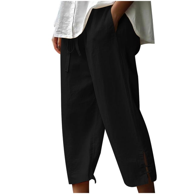 Timegard Womens Cotton Linen Pants Elastic Waisted Drawstring Capri Pants Casual Loose Trousers with Pockets