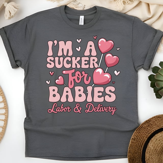 Women’s Graphic Tee with Heart Lollipop Design for Maternity Nurses, Dark Heather, Size XL