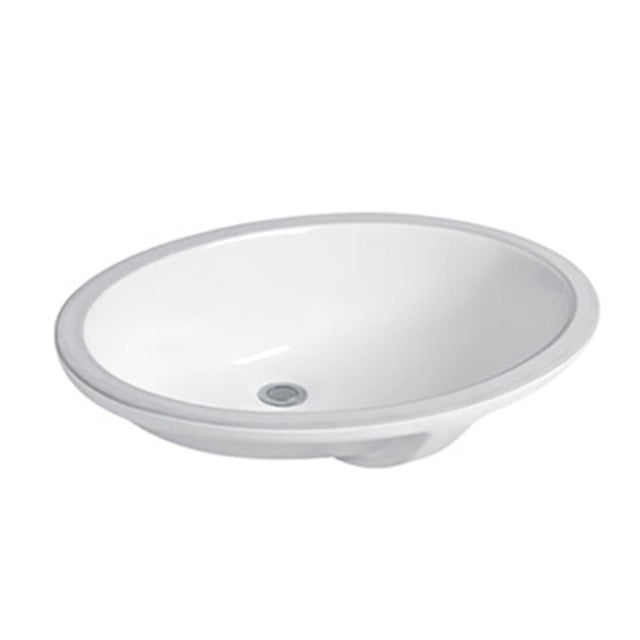 DROP Bath and Kitchen DR091055 undermount bathroom sink in white ceramic with an oval shape and gloss finish, featuring a smooth, non-porous surface with overflow hole and standard 1.75-inch drain opening, designed for undermount installation with above counter, deck mount, or wall mount faucet compatibility, also suitable for compact bathroom renovations.