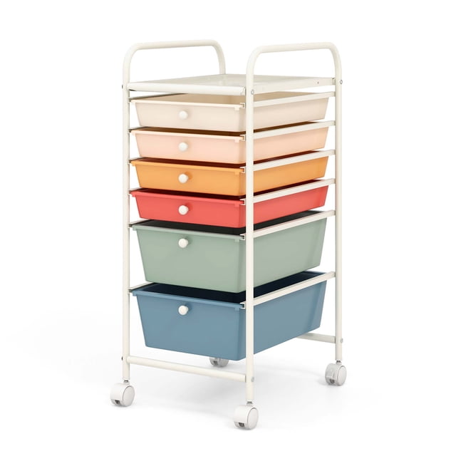 Costway 6 Drawer Rolling Storage Cart Scrapbook Paper Office Organizer Macaron featuring a white metal frame with six removable drawers in macaron colours, including beige, pink, orange, red, green, and blue. The cart includes a top mesh shelf for additional storage and four 360° swivel wheels, two of which are lockable, for easy mobility. Suitable for organizing art supplies, office tools, or household items.