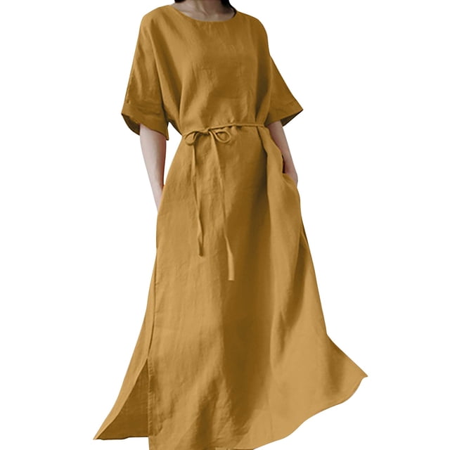 Ketyyh-chn99 Robes d'Été pour Femmes Grande Taille Décontractées de Plage Robe d'Été à Manches Longues Robe Longue Confortable Jaune,m