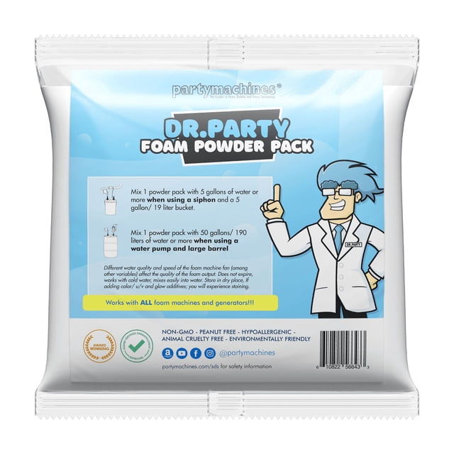 Paquet de Poudre de Mousse Dr. Party par Little Tikes, un Sac à Portion Individuelle de Poudre de Mousse Conçu pour Être Utilisé avec des machines à Mousse comme FOAMO. Se Mélange avec 5 gallons (19 Litres) d'Eau à l'Aide d'Un siphon Ou 50 gallons (190 Litres) avec une Pompe à Eau, Durée de 30 à 60 minutes. l'Emballage Met l'Accent sur Ses Caractéristiques Non OGM, Sans Arachides, Hypoallergéniques et Écoresponsables. Idéal pour Créer de la Mousse