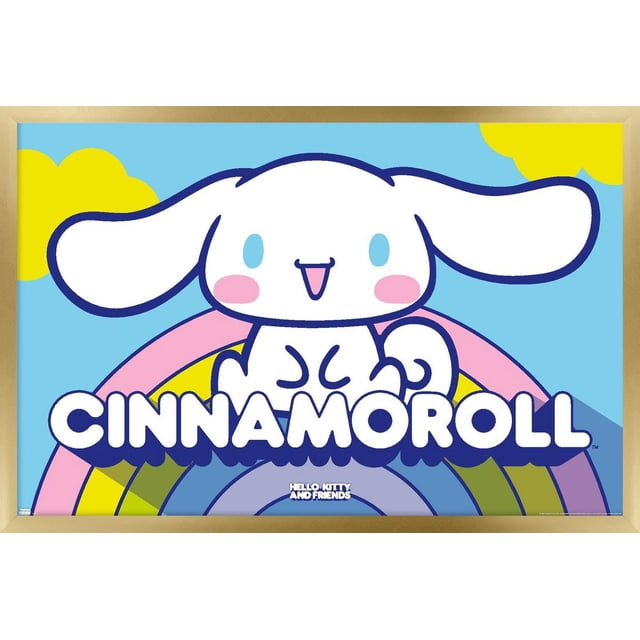 Hello Kitty and Friends : 22 Over The Rainbow - Affiche Murale Cinnamoroll Mettant en Vedette un Chien de Dessin Animé Blanc avec de Longues Oreilles Tombantes, des Yeux Bleus et des Joues Roses Assis au-Dessus d'Un Arc-en-Ciel pastel sur un Fond de Ciel Bleu avec des Nuages Jaunes, Imprimée sur du Papier d'Affiche Lustré Mesurant 22,375 par 34 Pouces, Convient à la Décoration Murale de Chambre Ou de Dortoir.