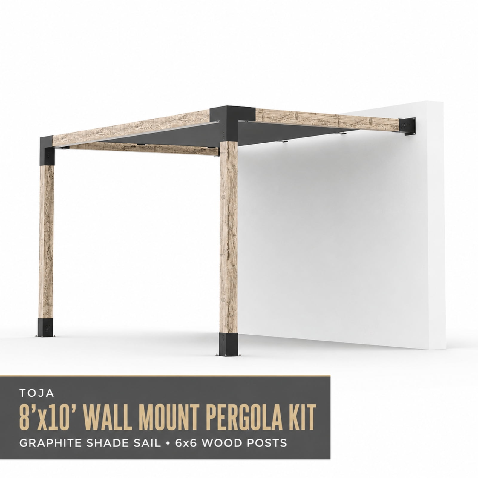Kit de pergola murale Toja 10'x12' avec voile d’ombre en graphite pour poteaux en bois 6x6
