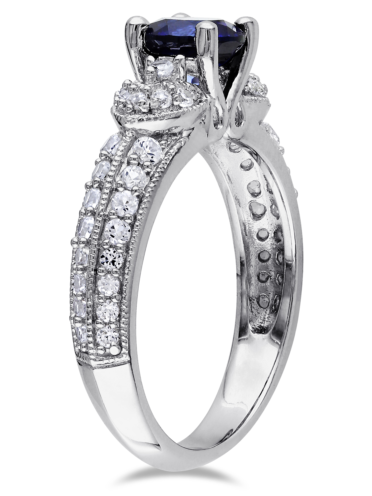 Bague de fiançailles Tangelo avec 1.67 carat de saphir bleu et blanc synthétique en argent sterling