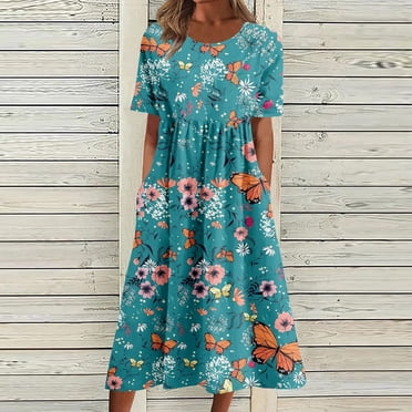 HWRETIE Robe d'Été Imprimée pour Femme à Manches Courtes, Col Rond, Robe de Vacances avec Poches, Décontractée, Coupe Ample, Robe de Plage