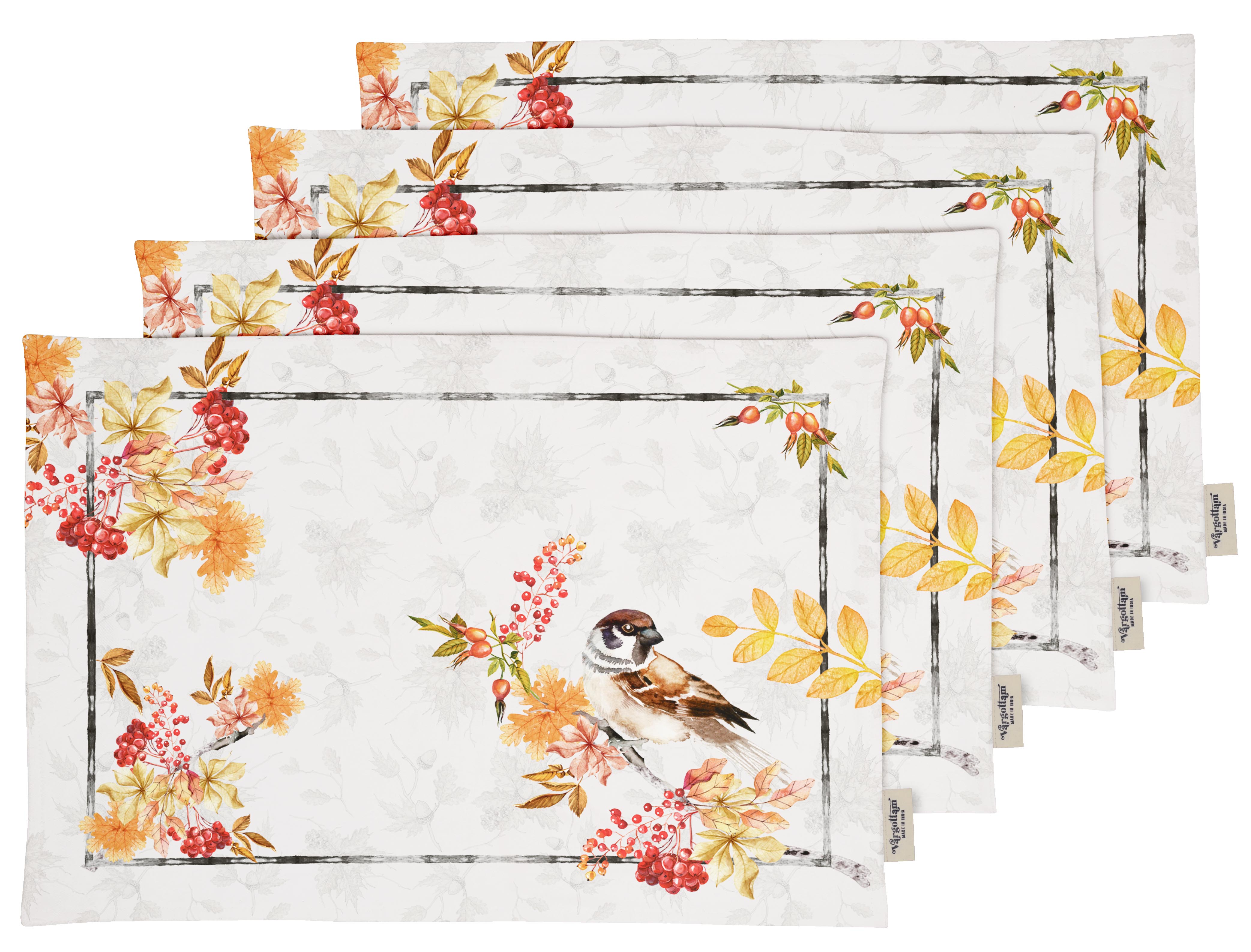 Vargottam Placemats- Placemat For Dining Table, Set Of 4- Printed & Reversible CottonNapkin-IndoorPlacematsFor Home & Kitchen Dining Table- Autumn Sparrow Watercolor (Gray & Yellow)