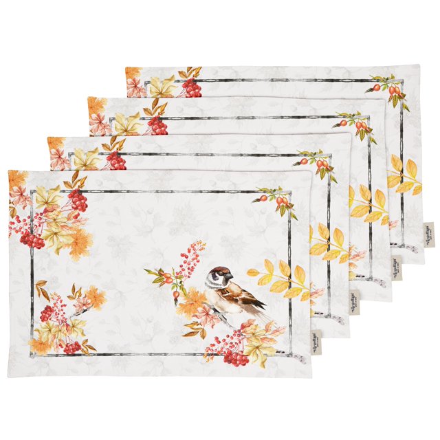 Vargottam Placemats- Placemat For Dining Table, Set Of 4- Printed & Reversible CottonNapkin-IndoorPlacematsFor Home & Kitchen Dining Table- Autumn Sparrow Watercolor (Gray & Yellow)
