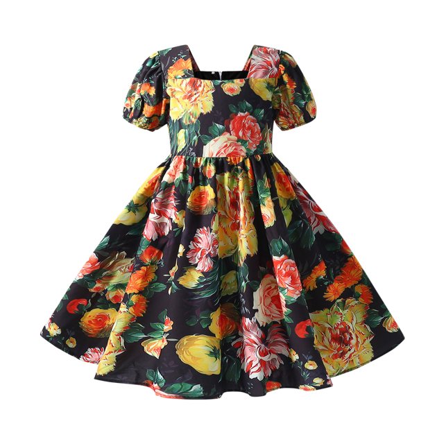 Pisexur Robe d'Été pour Fille à Volants, Robe Princesse à Fleurs, Manches Volantées, Extensible, Ligne A, Tournoyante, Robe de Fête avec Poches pour Enfants de 1 à 6 Ans