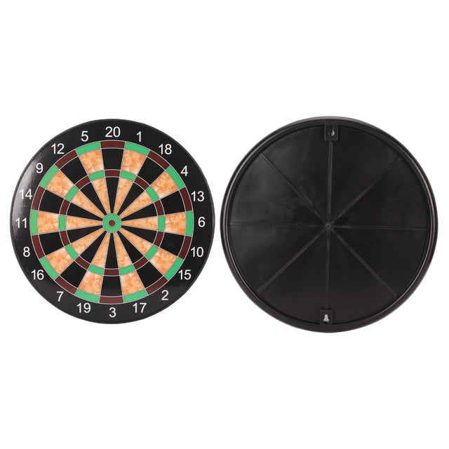 Dart Board Set, 17 Inch Magnetic Dart Board Game for man caves and homes. The set includes a double-sided dartboard made of durable plastic with a brown and black design featuring numbered sections in green and orange. The package comes with six magnetic darts for safe play. Ideal for improving hand-eye coordination and concentration.