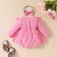 thumbnail image 4 of Besolor Baby Girl Outfit Toddler Ribbed Knit Long Sleeve Mesh Romper Dress with Bow Headband Fall Spring Clothes, 4 of 7