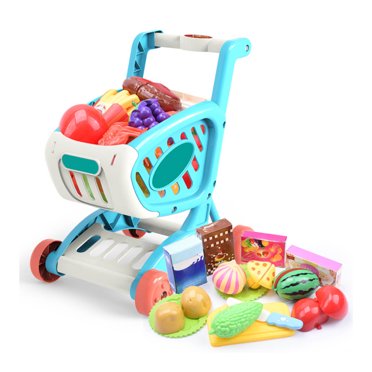 Kids Grocery Cart Play Set, Food Items Kids Shopping Trolley Set  for Boys Girls for Home ,Blue