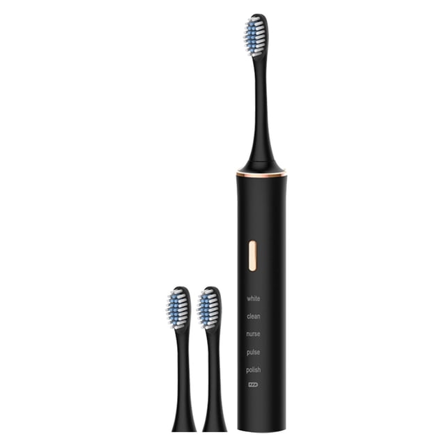 Clearance! Toothbrush Adult USB Rechargeable Toothbrush Set with Two Brush Heads by KITTEHIGM. Features a sleek black design with five brushing modes labeled on the handle: white, clean, nurse, pulse, and polish. Includes two replacement brush heads with protective covers. The toothbrush offers 37,000 vibrations per minute for effective cleaning, a 2-minute smart timer with 30-second intervals, and an IP65 waterproof rating for use in the shower. Powered by a rechargeable 480mAh battery, it provides up to 60 days of use on a full charge. Comes with a USB charging cable and user manual.