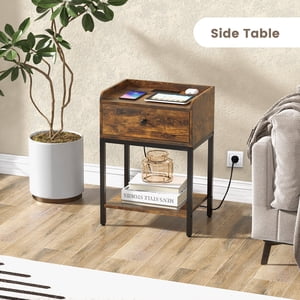 Giantex Table de chevet étroite, Table de nuit avec/Station de recharge, Table d'extrémité latérale avec/Cadre métallique