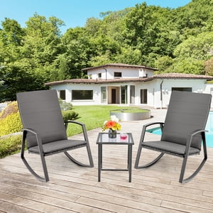 Gymax 3PCS Rattan Bistro Rocking Chair Set Patio Furniture Set w/ Gray Cushions