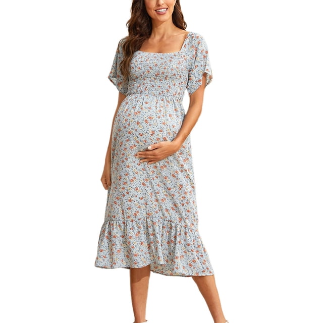 MEZZALL Robe Femme Florale à Encolure Carrée Robes Midi Robe de Maternité Enceinte Décontractée Robe Trapèze Longue Fluide à Smocks Jolie Tenue Quotidienne m