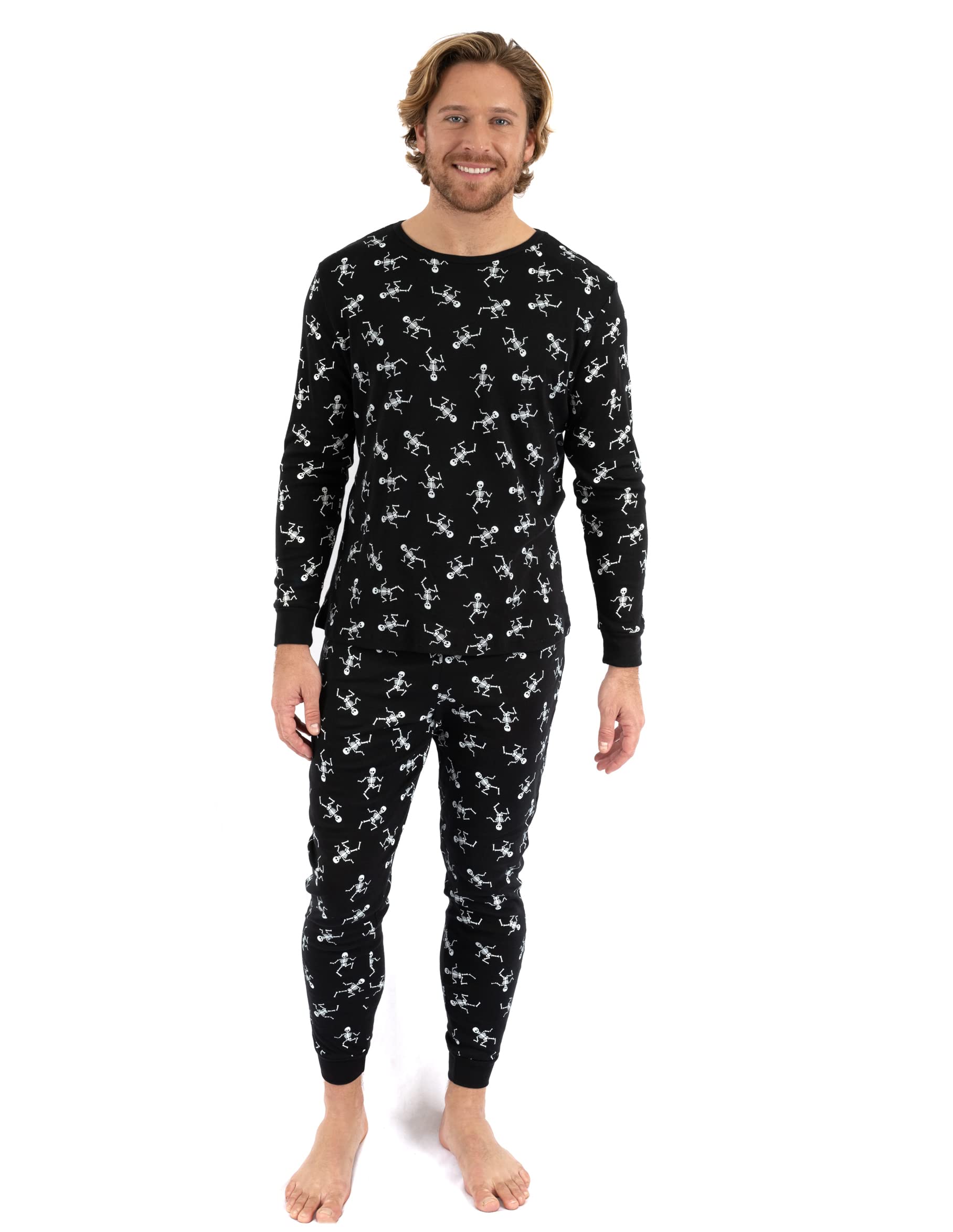 Leveret mens Black Skeleton 2 Piece Pajama Set 100% Cotton (Large)
