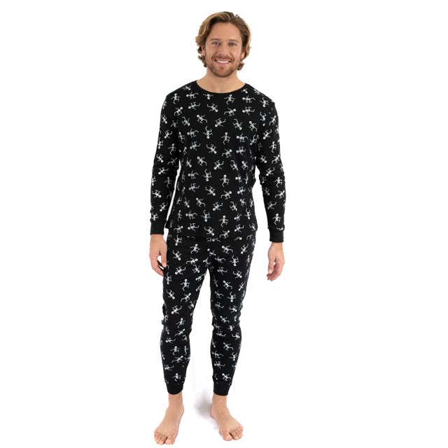 Leveret mens Black Skeleton 2 Piece Pajama Set 100% Cotton (Large)