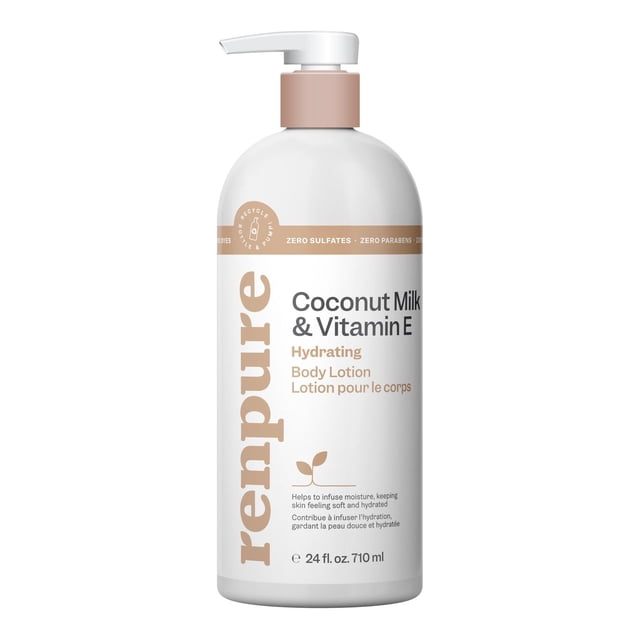 Renpure Lait de Coco et Vitamine E Lotion Hydratante pour le Corps en Blanc 24 fl oz (710 ml) Bouteille à Pompe recyclable avec accents Beiges, Faite avec des Ingrédients d'Origine Végétale Sans sulfates, Parabènes et Colorants, Conçue pour Hydrater et Adoucir la Peau Sans Résidus Gras, Convient à l'Hydratation Quotidienne.
