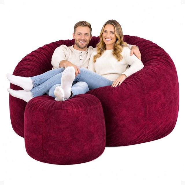 Ultimate Sack 6000 6-Foot Bean Bag Chair with Footstool Set, Burgundy Suede Cover