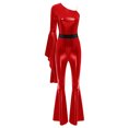 thumbnail image 3 of Raenseen Womens Metallic Shiny Flare Sleeve Bodysuit Hippie Bell Bottom Jazz Dance Rave Party Red M, 3 of 6