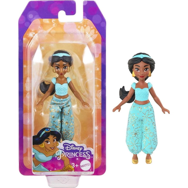 Disney Princess Jasmine Small Doll, a 3.5-inch collectible toy with movable arms, legs, and neck, dressed in a light blue molded top and removable soft pants with metallic floral patterns, shown in purple and orange Disney Princess packaging, suitable for play and display.