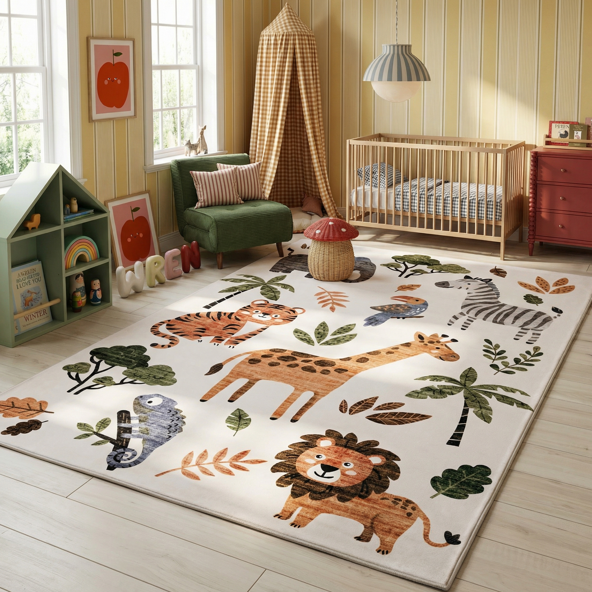 Rug Branch Soft Steps Playtime Cartoon Animals, Tapis d'apprentissage educatif doux, blanc beige - Garcons et filles dans la salle de jeux, la creche, la chambre a coucher