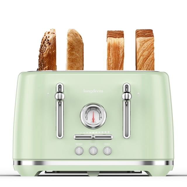 LONGDEEM 4 Slice Toaster in green with dual independent controls, six precise toasting settings, and extra-wide slots for bagels and thick bread. Includes a high-lift lever for safe removal of smaller items and a compact retro design with cord storage. Four slices of bread are visible in the toaster slots.