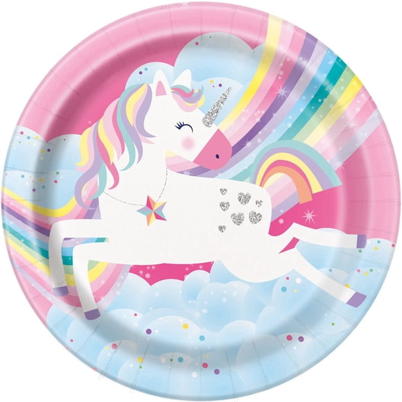 Assiettes en carton rondes Unique's Licorne Arc-en-ciel Rose 7 pouces, paquet de 8