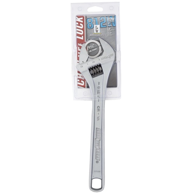 CHANNELLOCK 12" adjustable wrench with wide jaws offering 25% extra capacity, laser-engraved inch and millimeter measurement scales, forged from chrome vanadium steel with a chrome finish, designed for access in tight spaces and packaged in clear plastic with branded backing card.