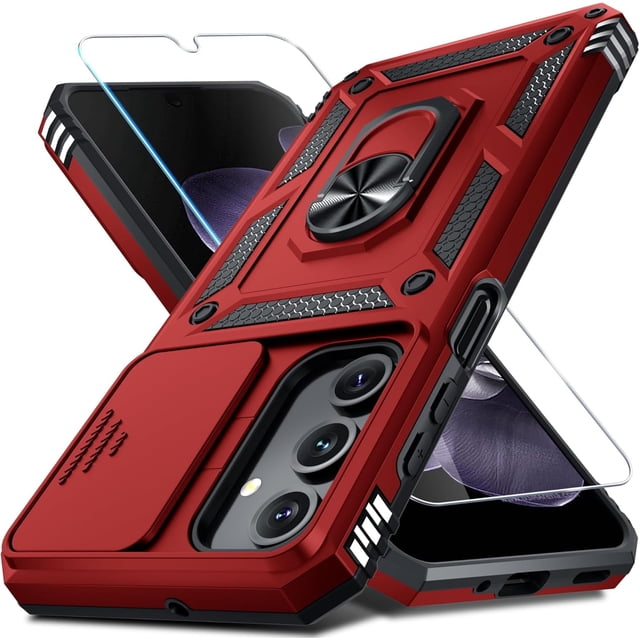 KOMI Compatible with Samsung Galaxy A16 5G Case Built in Slide Camera Lens Cover+Screen Protector+Finger Ring Holder Kickstand,Heavy Duty Shockproof Full Body Phone Cover,2025 Red