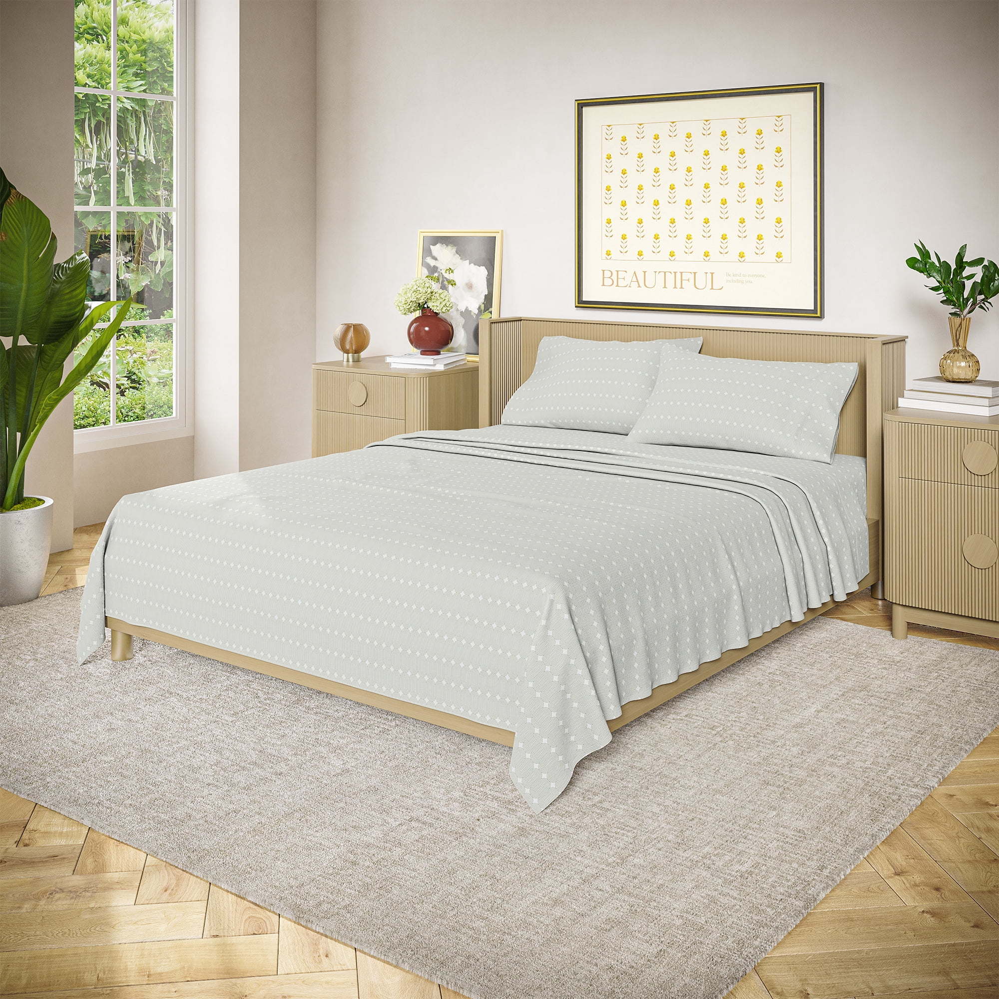 Beautiful Geometric 4-Piece Percale Sage Green Sheet Set, Double by Drew Barrymore