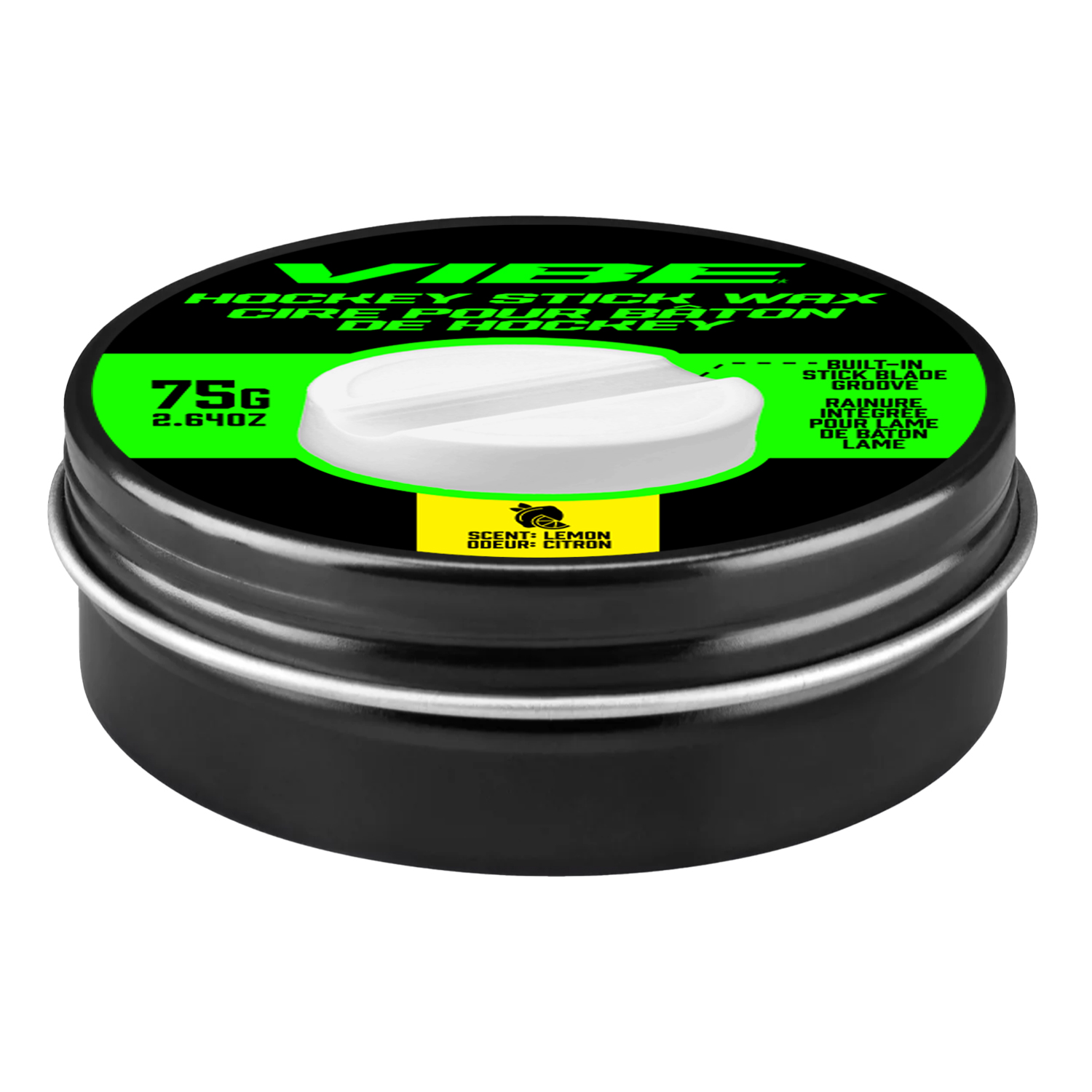 VIBE Hockey Stick Wax with Built-in Stick Channel – Lemon Scented - Prevents Ice and Snow Build up