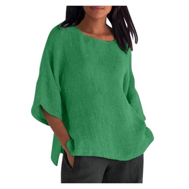 TopLLC Women's 3/4 Sleeve Linen Shirts V Neck Loose Fitting Tops Casual Solid Color Tshirts Trendy Basic Tunic Summer Ladies Tops