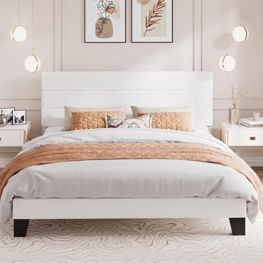 Amolife Cadre de Lit Très Grand, Cadre de Lit Plateforme avec Tête de Lit Rembourrée en Velours, Blanc