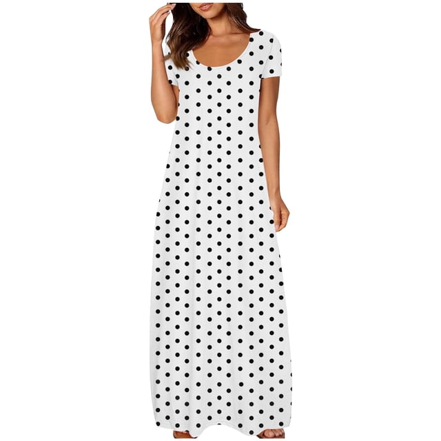 fatyb Robes Maxi à Manches Courtes pour Femmes Col Ras du Cou Décontractées Longues Robes Imprimées Robes T-Shirt d'Été