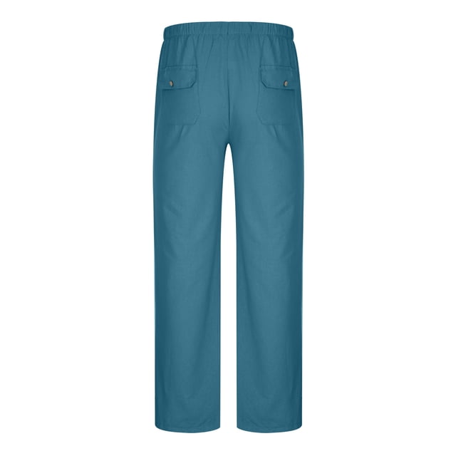 RKSTN Pants for Men Solid Color Casual Elastic Waist Trousers Cotton and Linen Loose Drawstring Pants with Pockets