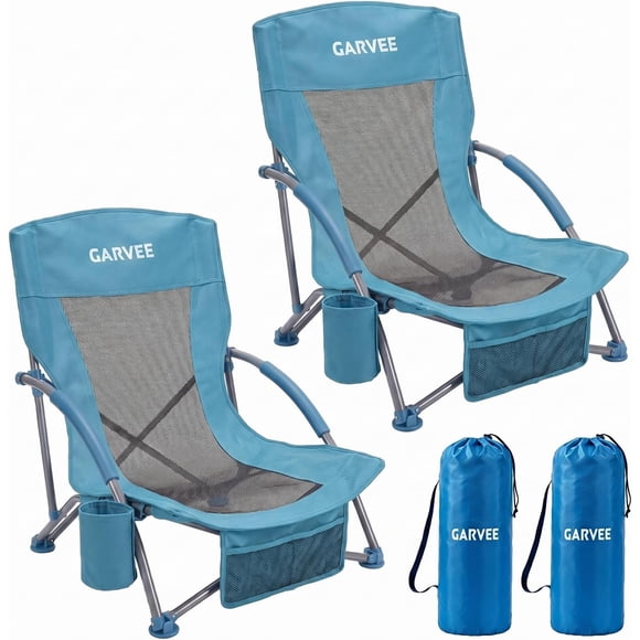 Low Beach Chairs 2 Pack, Folding Portable Adults Beach Chair, Lightweight Extra Wide with Cup Holder & Carry Bag