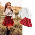 thumbnail image 1 of FOCUSNORM 2pcs Kids Girls Clothes Set, High Neck Lace Hem Pullover and Solid Color Skirt, 1 of 10
