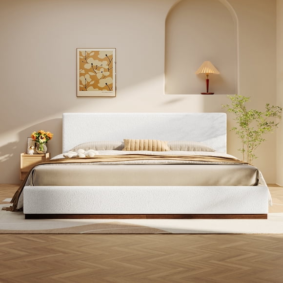 Noble House Queen Elegant White Fabric Upholstered Bed,Wood Grain Textured Solid Wood Base Frame,Brown+White